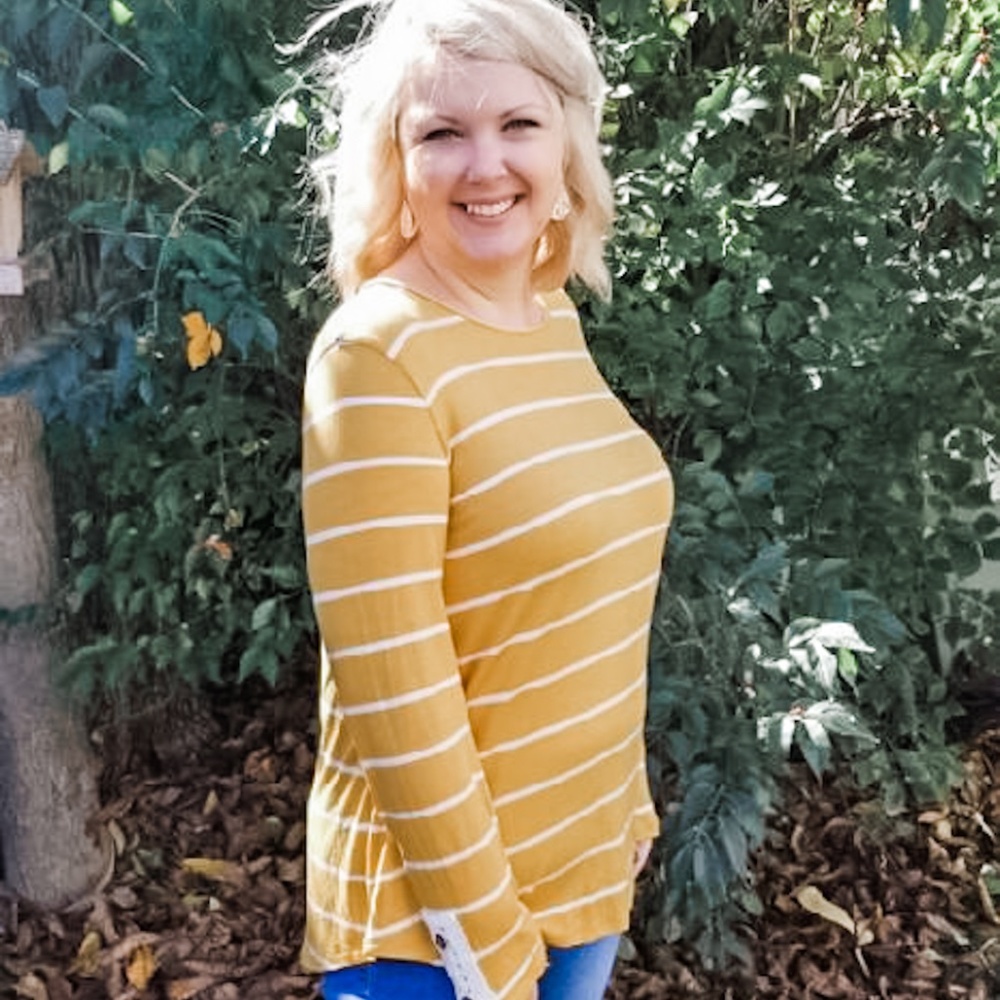 Striped and Lace Detail Long Sleeve Boutique Top
